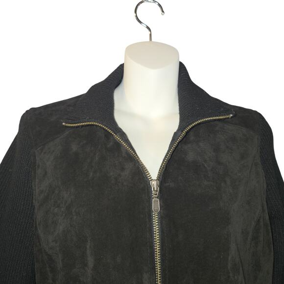 Covington Women Medium Leather Coat Elbow Patches Chocolate Brown Knit Zip Y2K - Picture 3 of 12